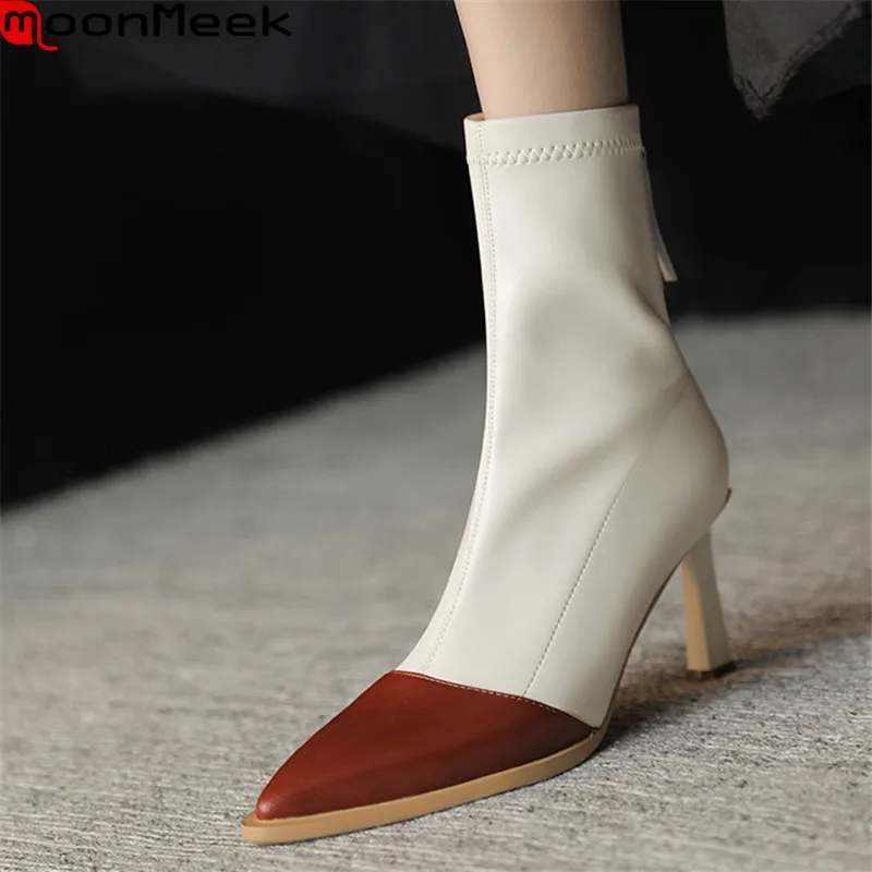 

MoonMeek 2021 Genuine Leather Boots Stiletto High Heels Pointed Toe Mixed Colors Women Boots Autumn Winter Ankle Boots