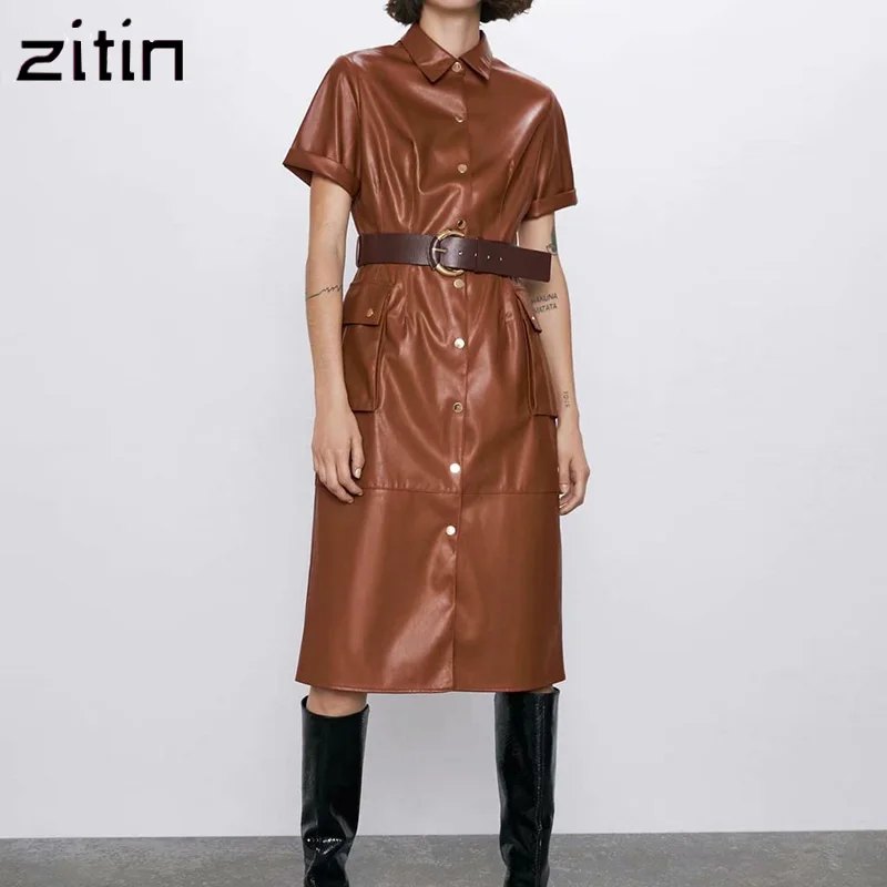 Винтажное Стильное женское платье миди из искусственной кожи 2019 модное