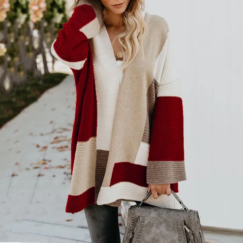 

Unique Nature Women's Open Front Sweater Color Block Long Sleeve Knitted Cardigan Winter Oversized Clothes Coat Outwear Jacket