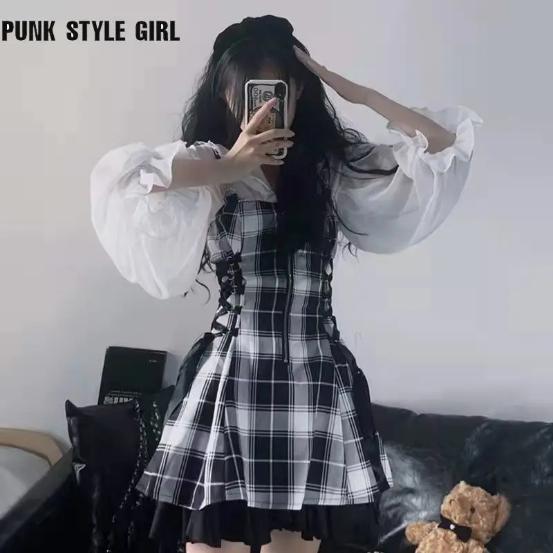 

Kawaii Lolita Plaid Mini Dress Emo Alt E Girl Y2k Sundress Cyber Aesthetic Dresses Sets Punk Gothic Mall Dresses Fairy Grunge