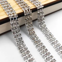 new three row clear white rhinestones chain silver base glass crystal cup chain sew on for diy garment bags decorations