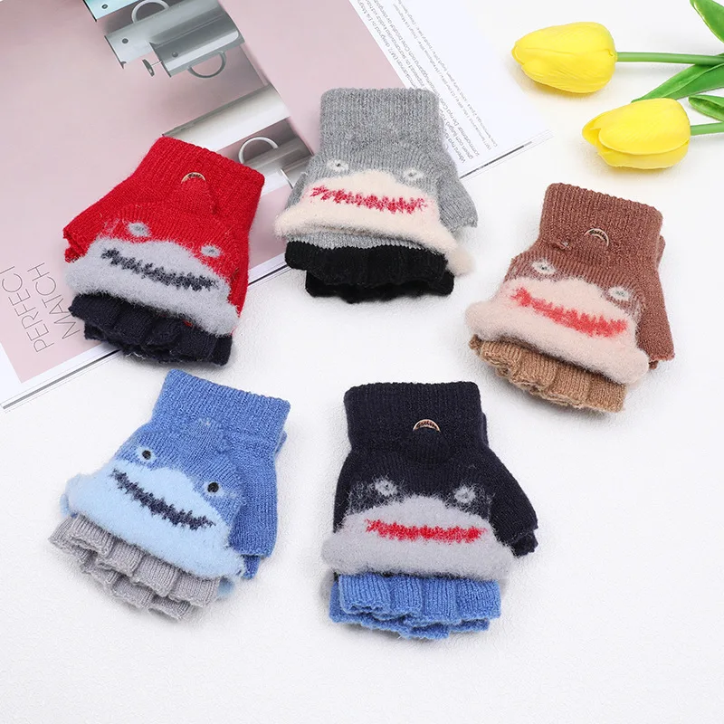 

Autumn and Winter Children's Cute Cartoon Crocodile Flip Half Finger Gloves Boys Girls Outdoor Play Baby Windproof Warm Gloves