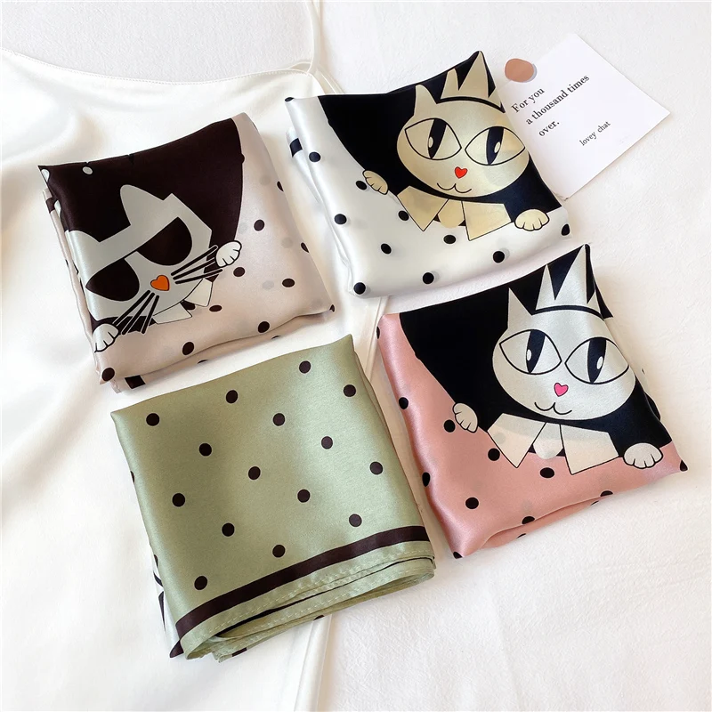 

Natural Silk Square Scarf Women Cartoon Cat Print Hairband Neck Scarves High Quality Foulard Bandana Neckerchief Tie