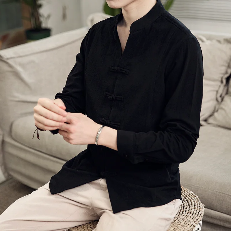 #4708 Весна 2021 рубашка из хлопка и льна для мужчин с воротником Мандарин