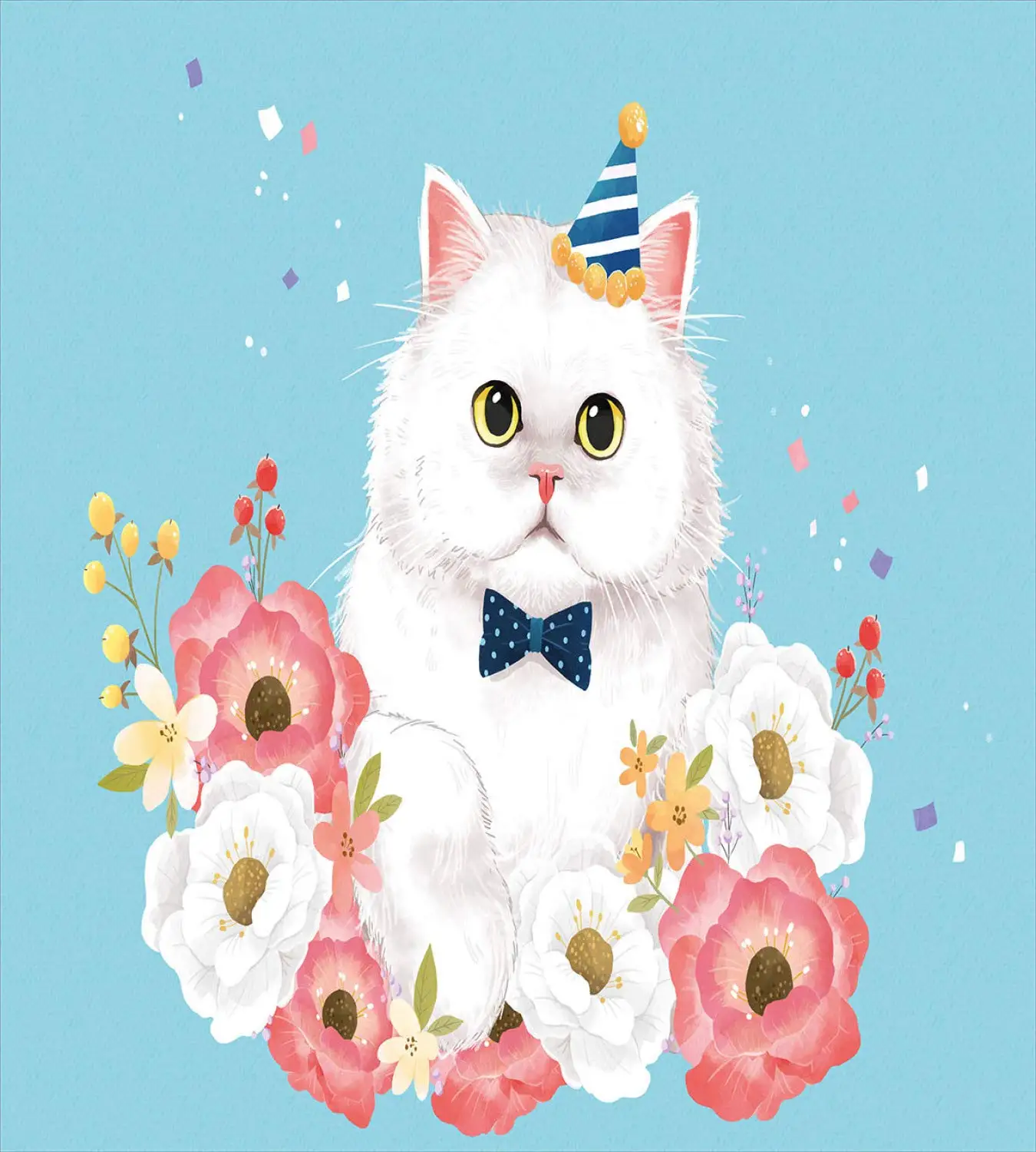 Cat постельное белье Графический акварель Стиль пушистый котенок с цветами и