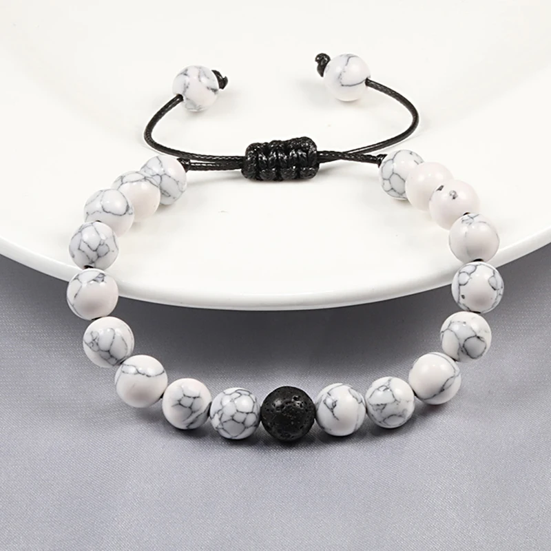 Браслет с белыми бусинами Healing 8 мм из натурального камня Howlite веревка для