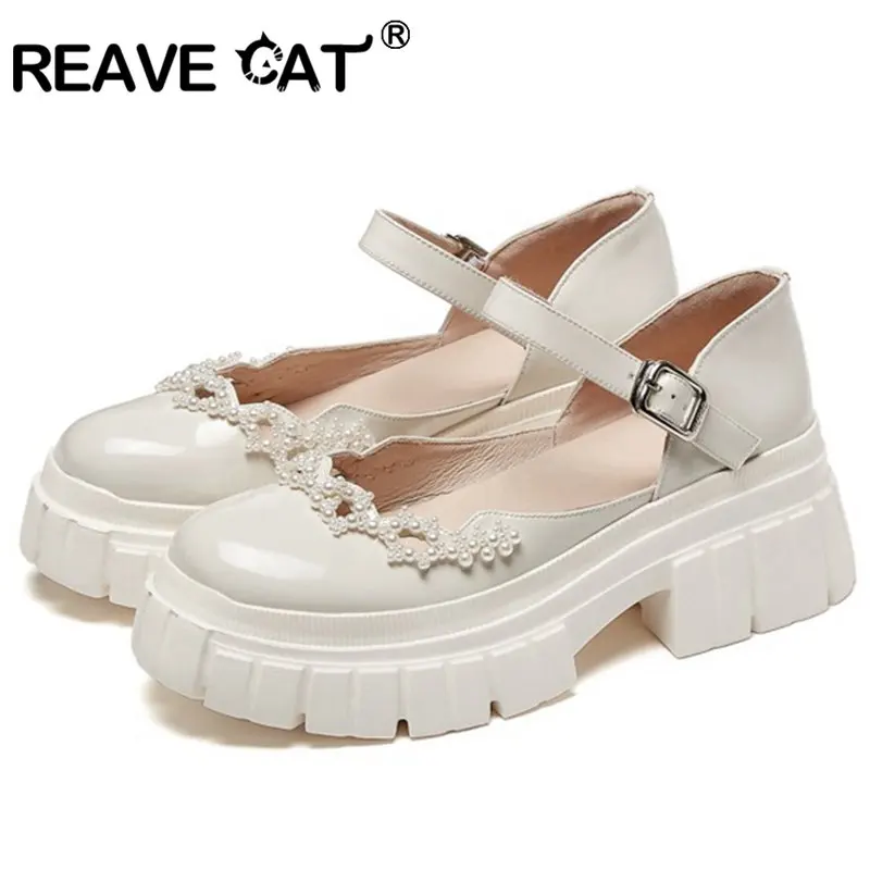 

REAVE CAT 2021 Platforms Pearl Fashion Women Shoes Genuine Leather Spring Autumn Ladies Pumps Round Toe Buckle 6.5cm High Heel