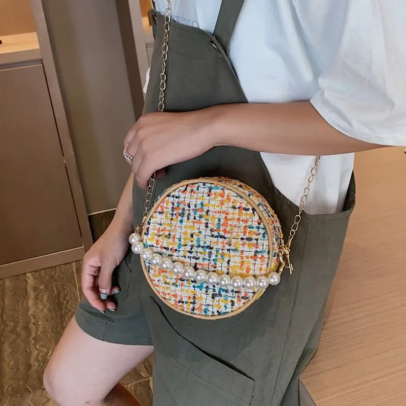 Шерстяная тканая маленькая круглая сумка на плечо женская для покупок Пляжная