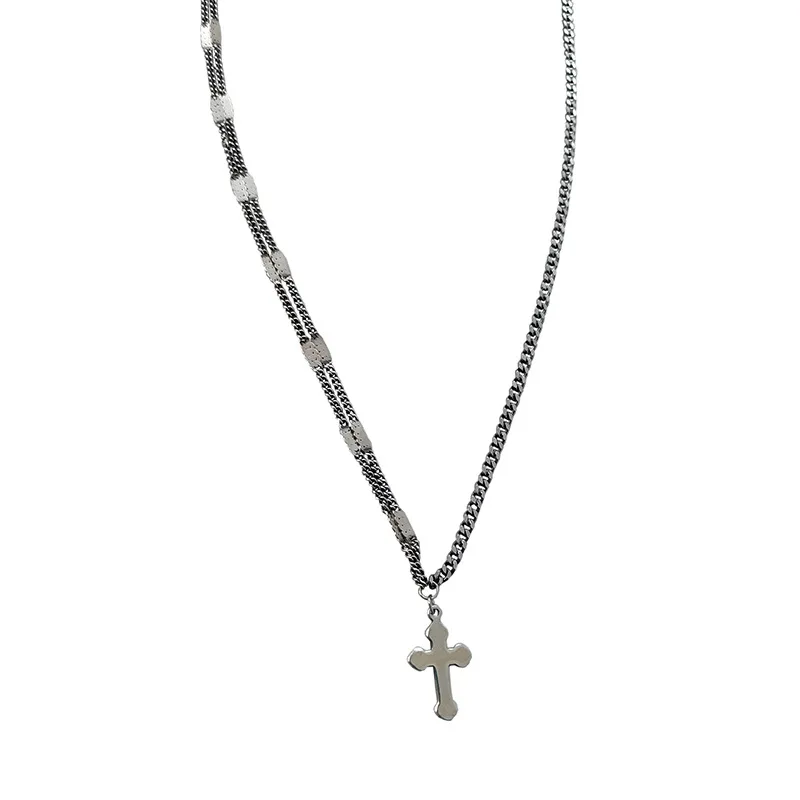 

Real 925 Sterling Silver Vintage Cross Pendant Necklaces Minimalist Asymmetric Double Layer Necklaces for Women Luxury Jewelry
