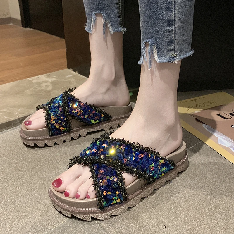 Rimocy/роскошные босоножки с блестками Цвет синий серебристый Женские модные