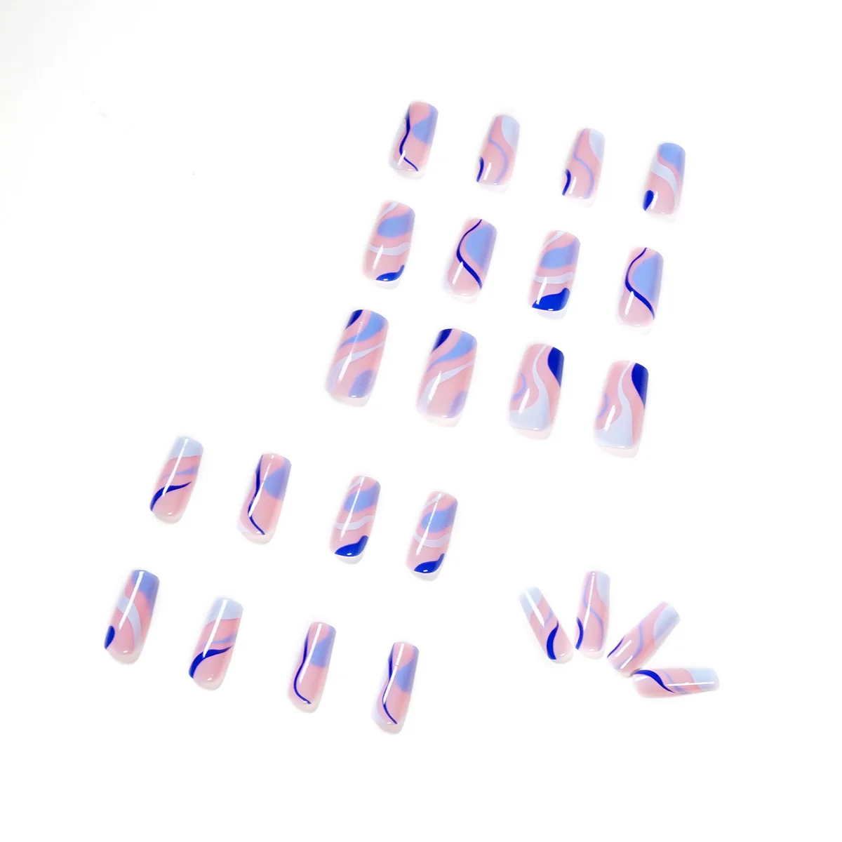 

Hot 24pcs Blue Waves Printed Nail Patch Glue Type Removable Long Paragraph Fashion Manicure Save Time False Nail Patch