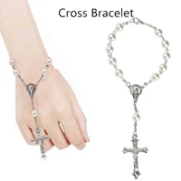 catholic christian beauty wedding crucifix 8mm white pearl bead chain wrap religious rosary bracelets
