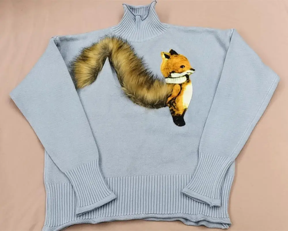 Осенний меховой свитер с рисунком лисы женский джемпер высоким воротом женские