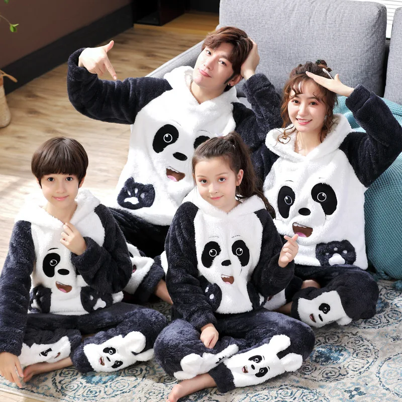 

New Winter Parent-Child Pajama set Children's Flannel Pyjamas Thicken Plush Hoodie Long Sleeved Animal Panda Women Men Homewear