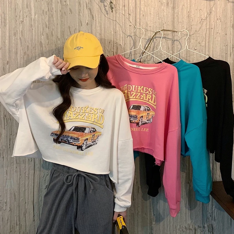 

Укороченный топ 4 цветов, Свободный пуловер в Корейском стиле Харадзюку, тонкий свитшот с длинным рукавом, женский короткий оверсайз с кругл...