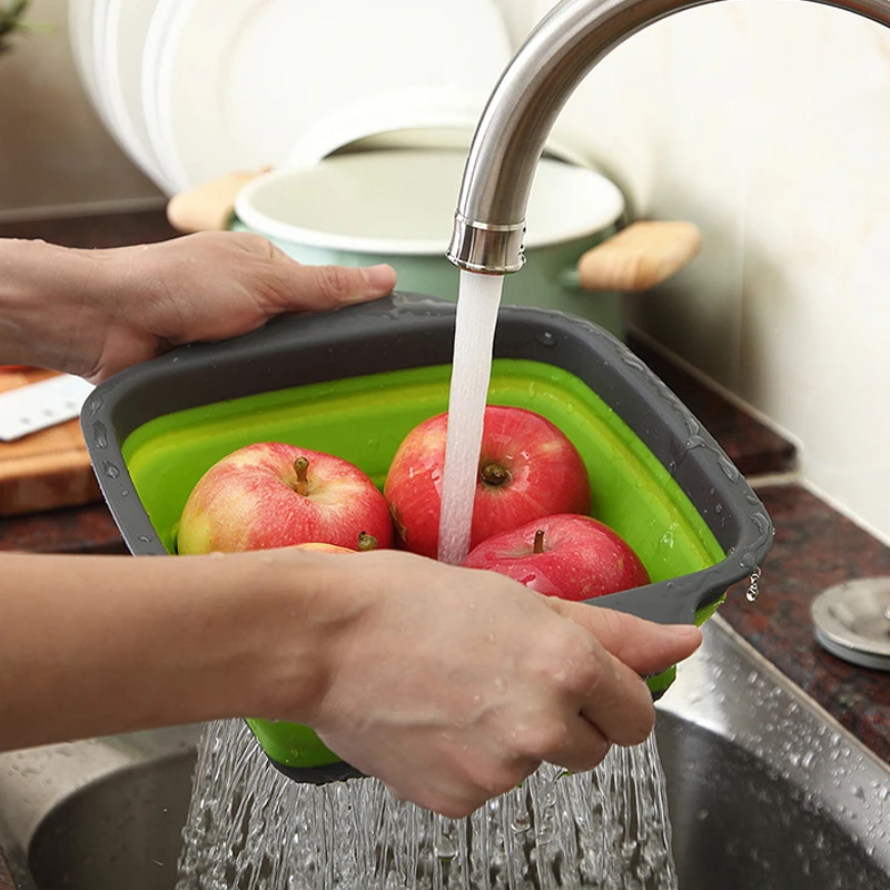 Square Silicone Foldable Fruit Vegetable Washing Basket Strainer Colander Collapsible Drainer With Handle Kitchen Tools | Дом и сад