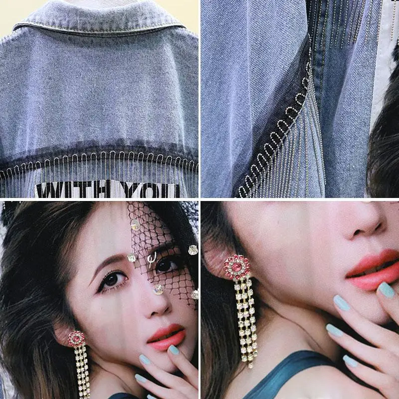 

Fashion Diamond Denim Jacket Women Loose Batwing Sleeve Single-Breasted Tassel Beautiful Girl Pattern Popular Jacket Coat