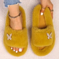 fluffy slippers women furry slides faux fur flip flops cute ladies butterfly home slippers platform sandals flats winter shoes
