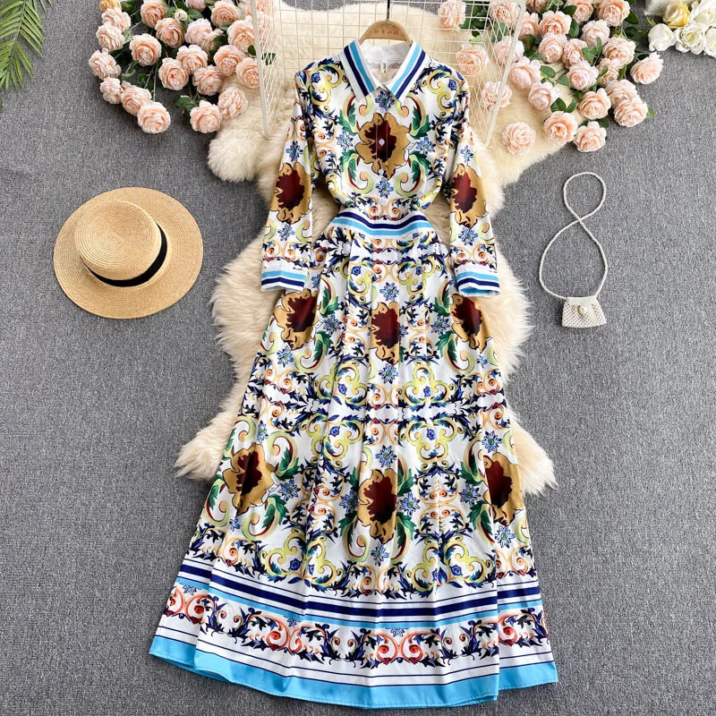 

Runway Shirt Dress Women's Autumn Dress 2021 Lapel Stripe Star Heart Shape Single Breasted Long Sleeve A Line Pleated Maxi Dress