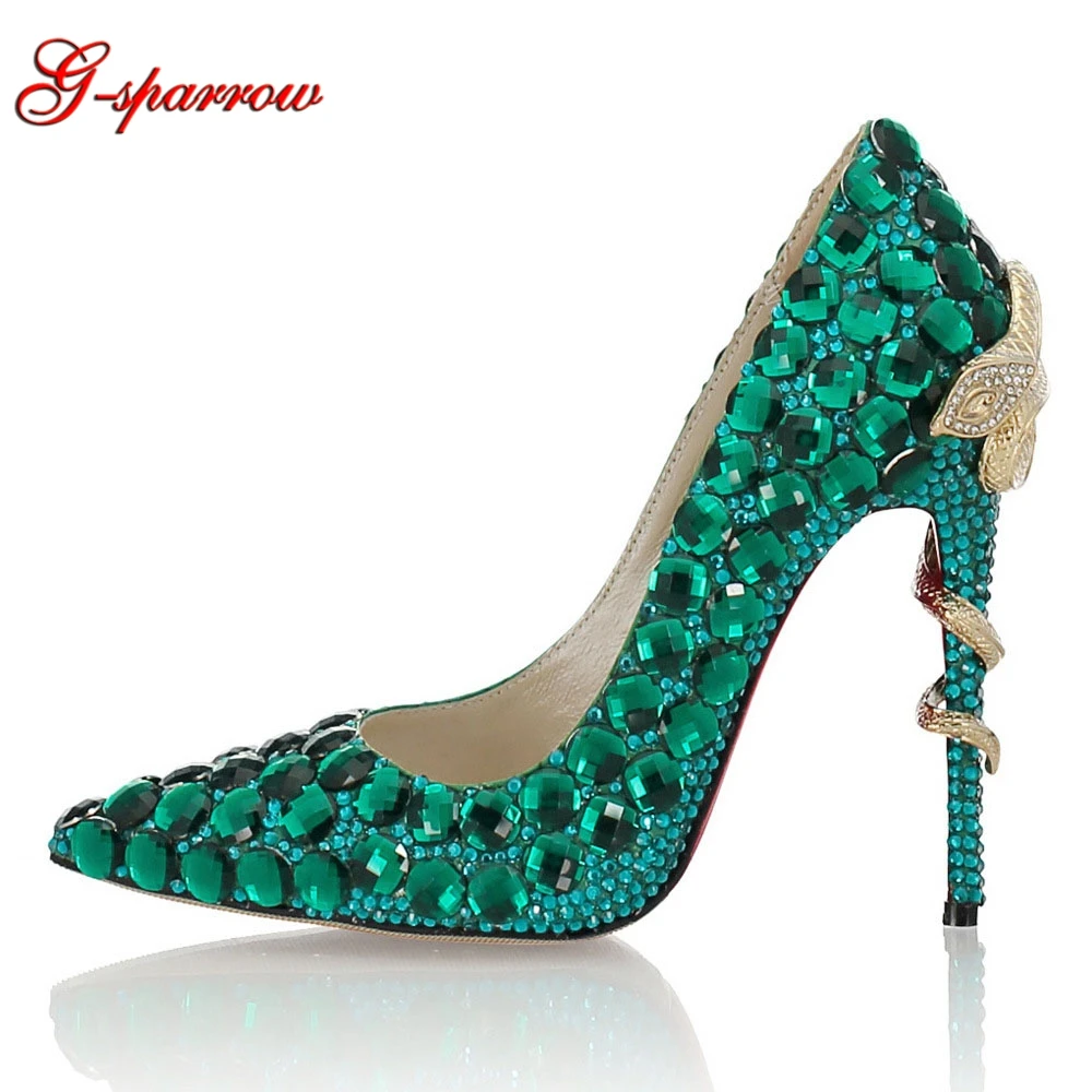 

Gorgeous Green Color Bridal Wedding Shoes Handmade Rhinestone Pointed Toe Stiletto Heel Cinderella Prom Pumps 11cm Heels Size 41