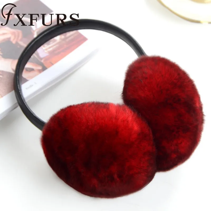wine red FXFURS/ женские модные меховые наушники с кроликом Рекс, с кожаной полкой, зимние теплые меховые наушники для девочек, меховые наушники - Цвет: wine red