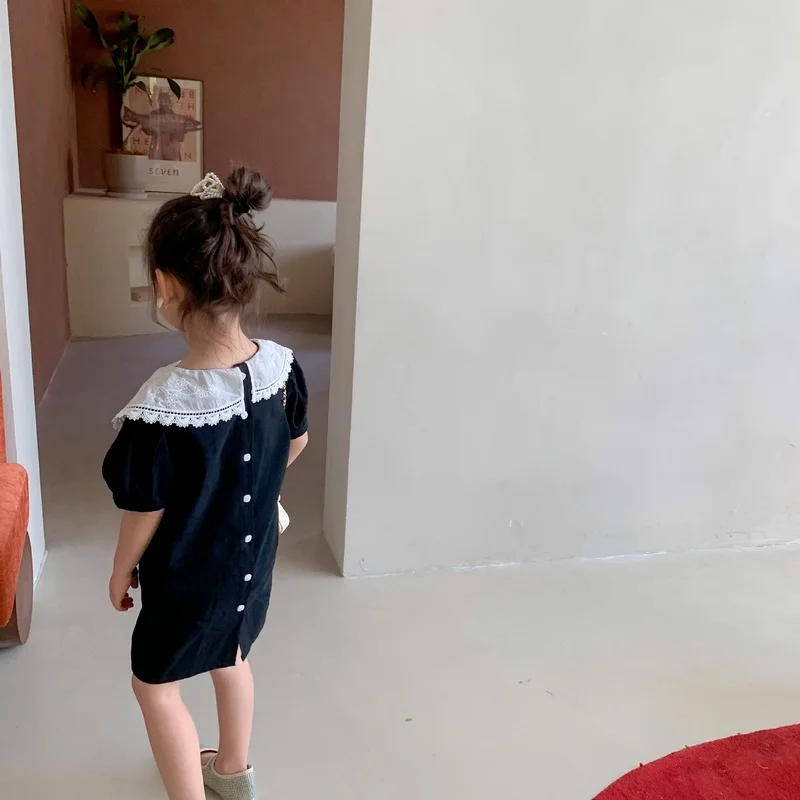 

2021 Summer New Children Bubble Sleeve Girl Lace Lapel Dress Short Sleeve A Line Cotton Fashion Princess Dresses