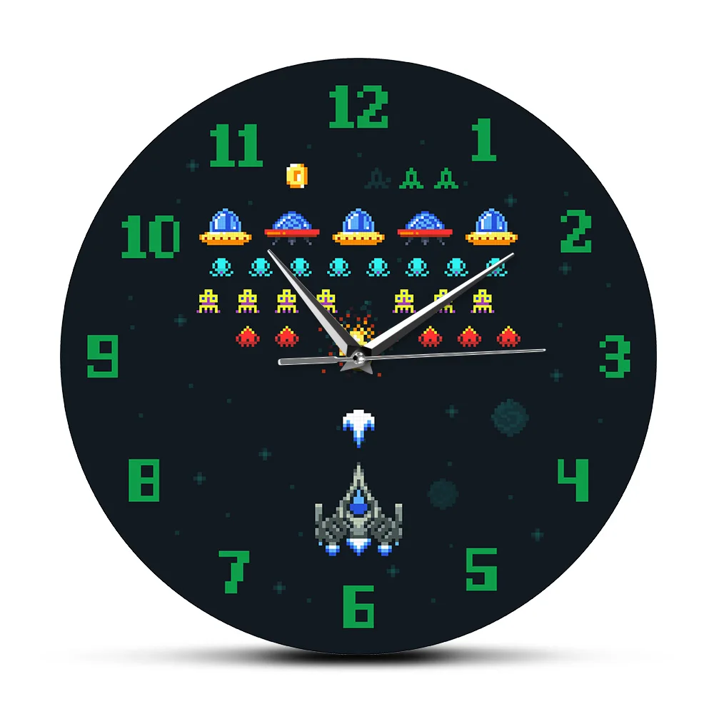 

Arcade Video Game Free reloj de pared Clocks Shipping Space Alien Invader Pixel Spaceship Quartz Acrylic da parete Watch