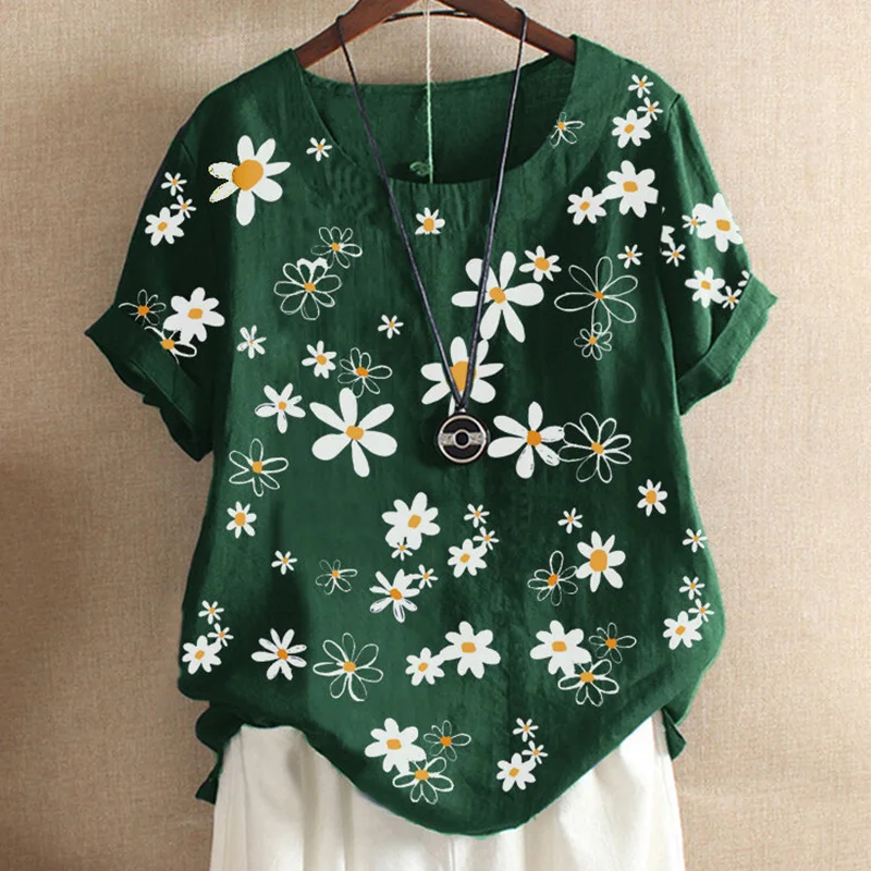 

Cotton Linen Daisy Print Blouse Shirt Women Casual 2020 Summer Short Sleeve Shirts O Neck Button Pullover Tops Blusa Plus Size