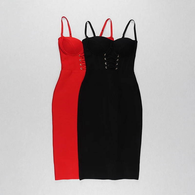 

2019 New Women Elegant black red v neck sleeveless spaghetti strapBodycon Vestidos Celebrity Evening Party bandage Dress