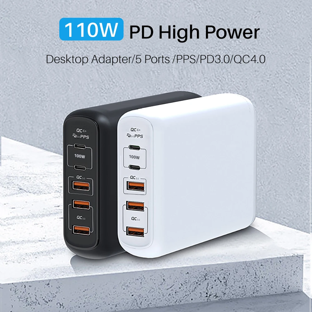 Фото Сетевое зарядное устройство PD 110 Вт с двумя USB-портами и поддержкой быстрой Сетевое зарядное устройство PD 110 Вт с двумя USB-портами и поддержкой быстрой