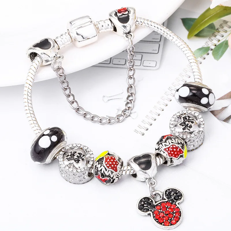 Kawaii Mickey, Круглые Эмалированные Симпатичные Бусины, европейский браслет, любовь, браслеты с изображением единорога, безопасная цепочка, браслеты для женщин, девочек, детей, ювелирные изделия