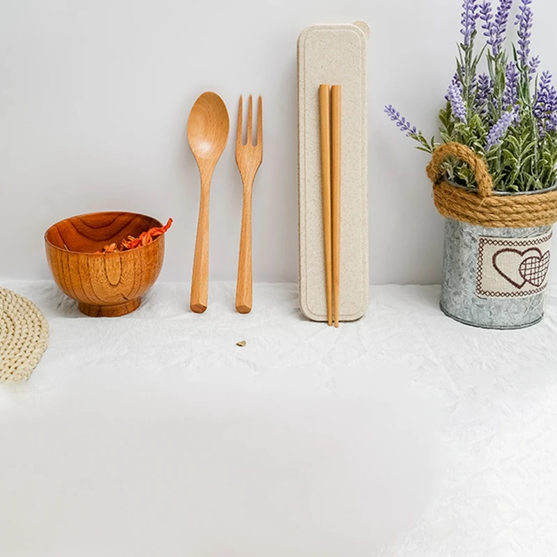 Горячая портативная Экологичная посуда набор деревянных столовых приборов