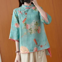 cotton and linen tang suit womens autumn new chinese style print loose three quarter sleeve tea service t shirt