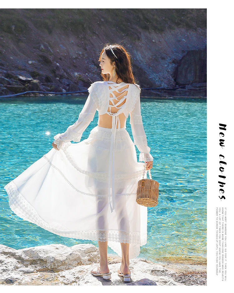 

White Chiffon Lace Fairy Dress Summer V-Neck Petal Sleeve Backless Sexy Beach Dresses Party Night Evening Blanco Vestido Playa