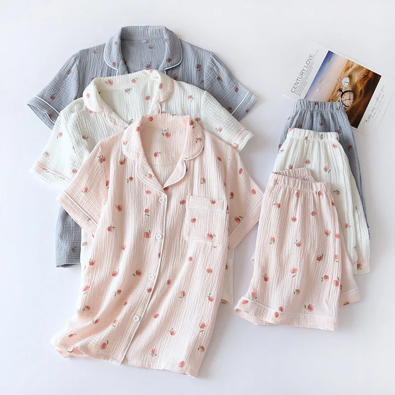 

Summer Ladies 100% Gauze Cotton Cute Cartoon Peach Printed Household Pajamas Set Top+Shorts 2Pcs Sleepwear loungewear