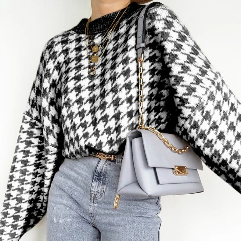 

Autumn Winter Classic Geometric Houndstooth Knitted Retro Pullover Basic O-neck Long-sleeved Sweater Lazy Oaf Vintage Sweater