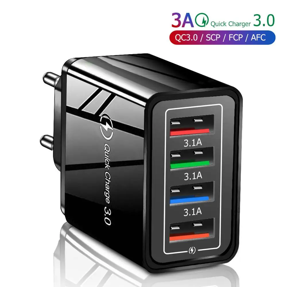 

4 USB Charger Quick Charge 3.0 Fast Charger For Phone Adapter For iPhone 12 Pro Max XR Tablet EU/US Portable Wall Mobile Charger