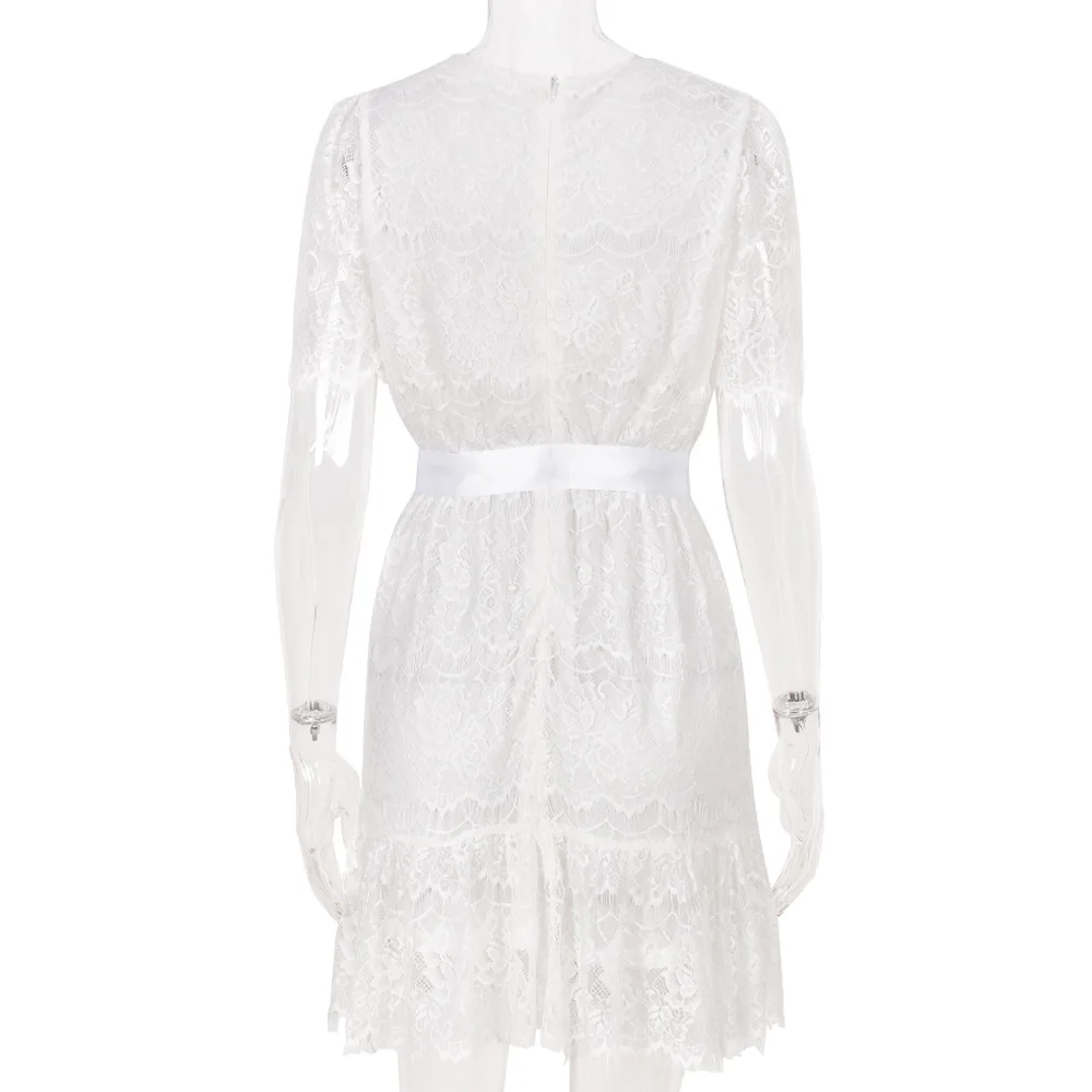 

Mandylandy Dress Summer Casual Short Sleeve V-neck High Waist Slim Dress Women Sexy Solid Color Lace Stitching Sheer Mesh Dress