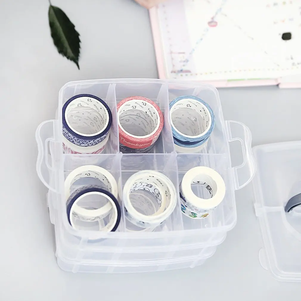 

Foldable Three-layer Tape Transparent Storage Box Separate Tape Stickers Tool Manager Transparent Plastic Office Organizer