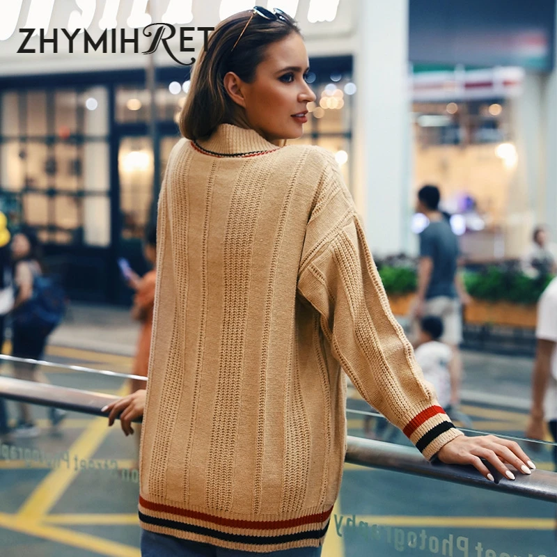 ZHYMIHRET 2019 осень зима V образным вырезом кардиган Для женщин полосатые Однобортный