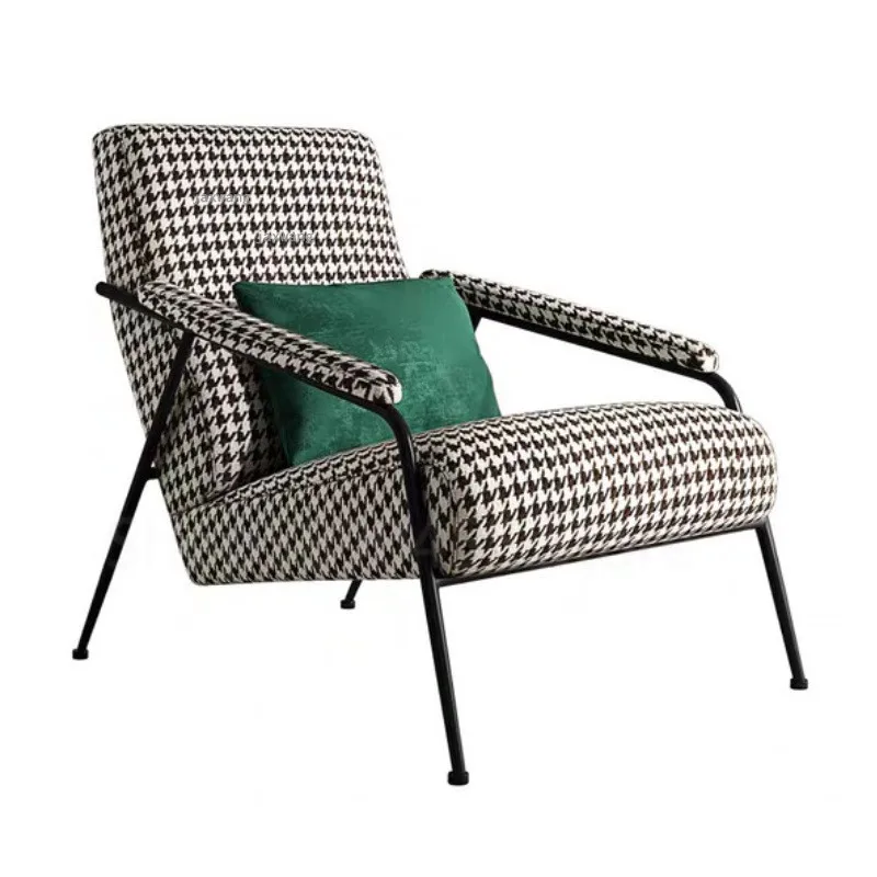 Nordic Single Sofa Houndstooth Armchair Home Furniture Fabric Living Room Sofas Design Chair Wrought Iron Lounge Single Sofas GM