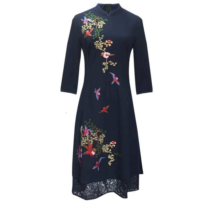 

Queechalle Navy Plus Size Women Dress Vintage Flower Bird Embroidery Cheongsam Dress Lace Patchwork Elegant Slim Midi Dress