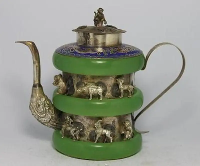 

Chinese Old Jade Tibet-Silver Tea Pot Monkey Lid