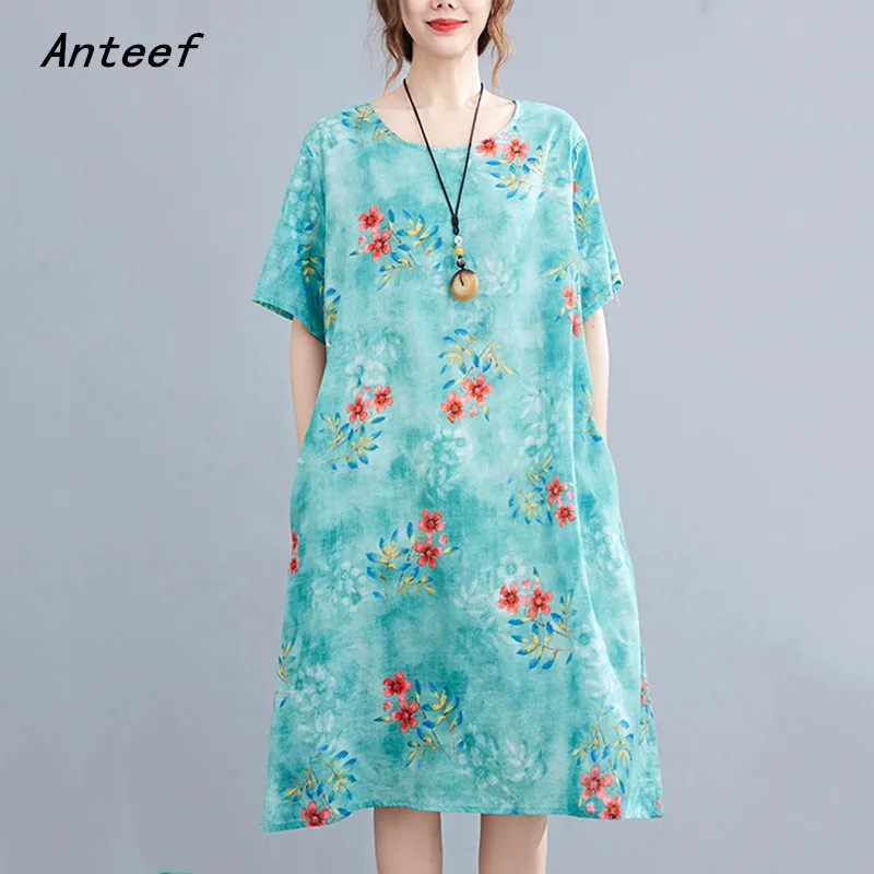 

short sleeve cotton vintage floral dresses for women casual loose midi woman summer dress elegant clothes 2022