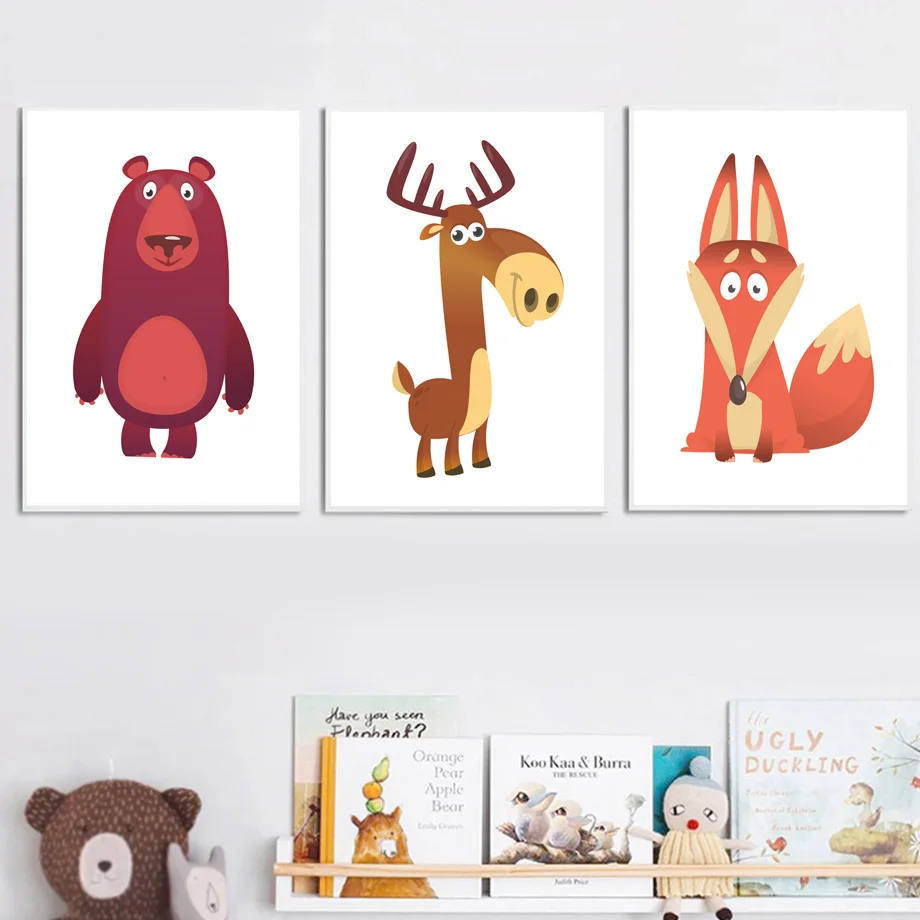 Картина на холсте с изображением мультяшного животного медведя лося лисы енота