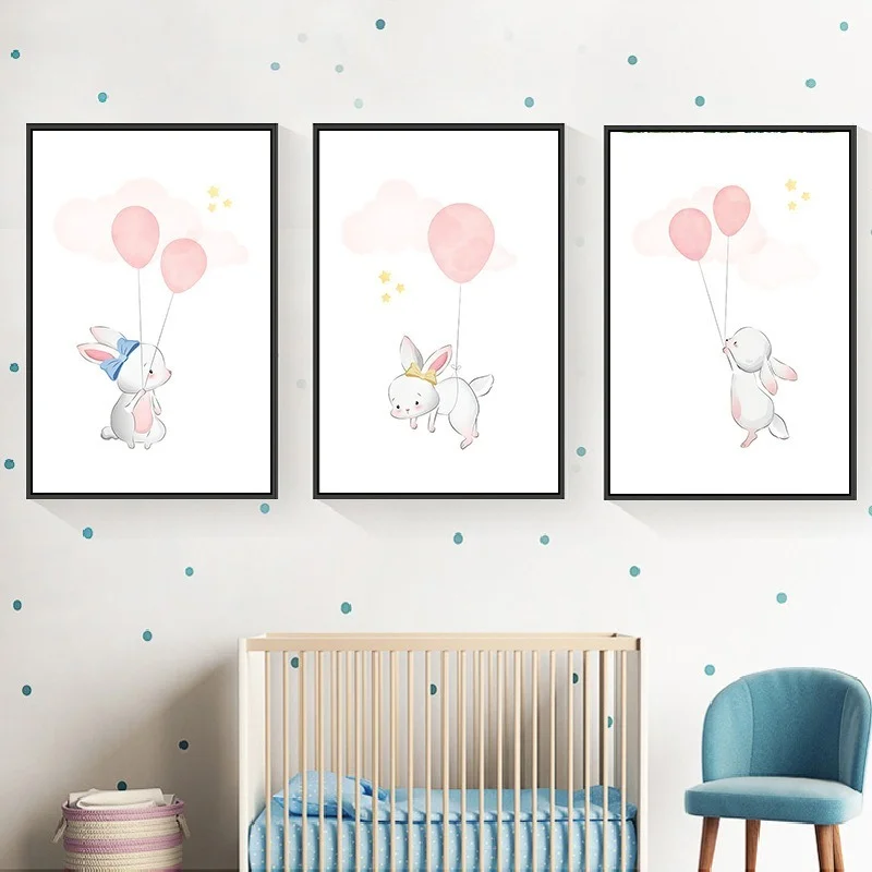

Modern Cartoon Pink Balloon Animal Rabbit Giraffe Nordic Style Frameless Picture Core Room Decoration Art Hanging Painting