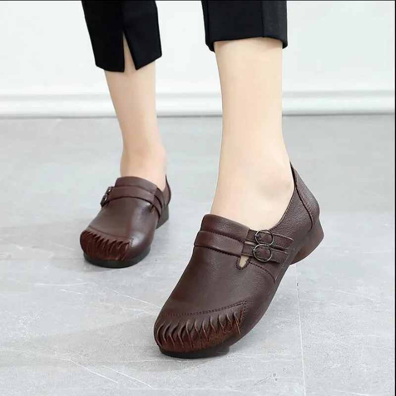 2020 Autumn Women Flat Shoes Genuine Leather Loafers Fashion Comfortable Driving Shoes Ventilation Casual Flats Mom Shoe