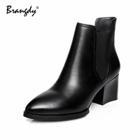 brangdy women chelsea boots genuine leather women ankle boots square heel women winter shoes with fur pointed toe size 34 39