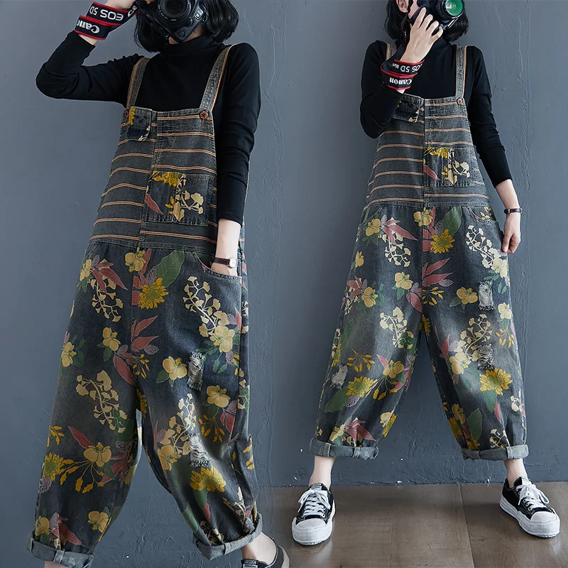

Women Summer Retro Splicing Printed Pants Holiday Overalls Jumpsuits Loose Casual Style Plus Size Long Pants