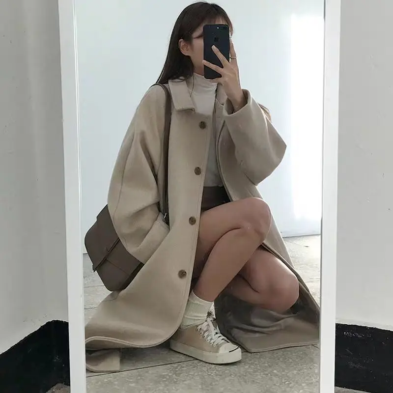 

2021 spring new woolen coat female student Korean short plush thickened medium and long woolen coat